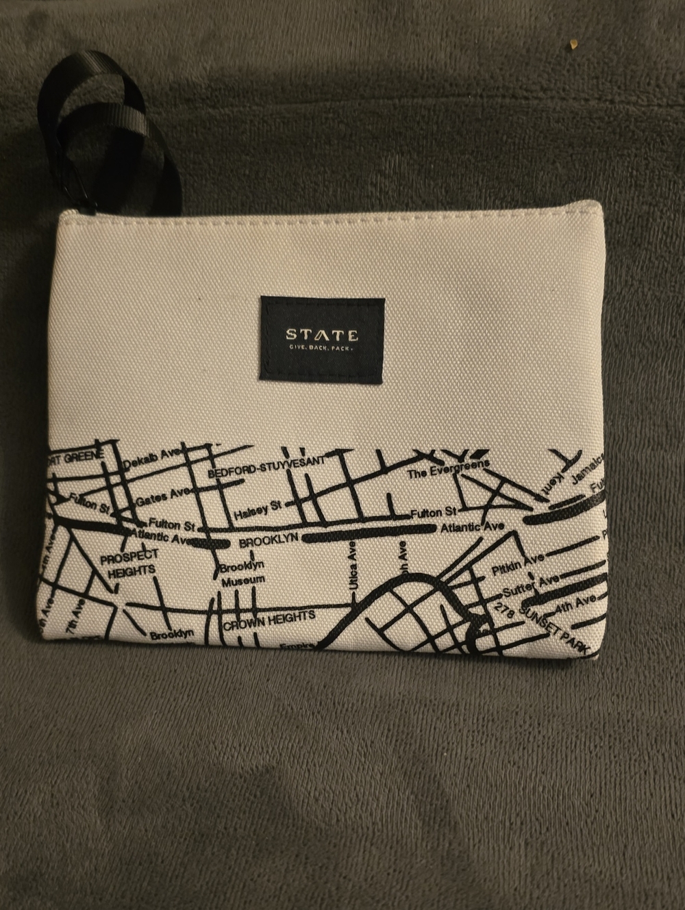 STATE White Canvas Toiletry Pouch with Black Map Print